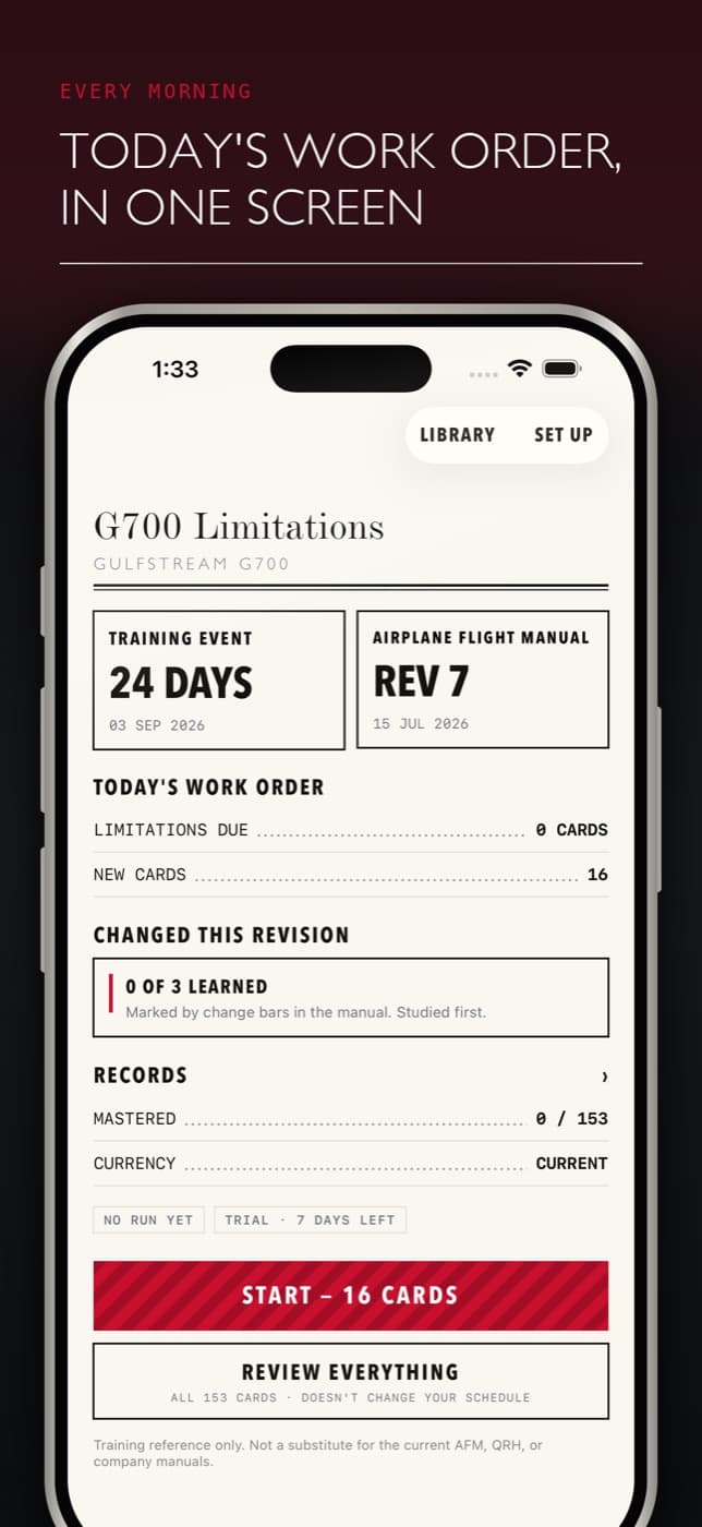 The Today screen with days to the training event, cards due and AFM revision