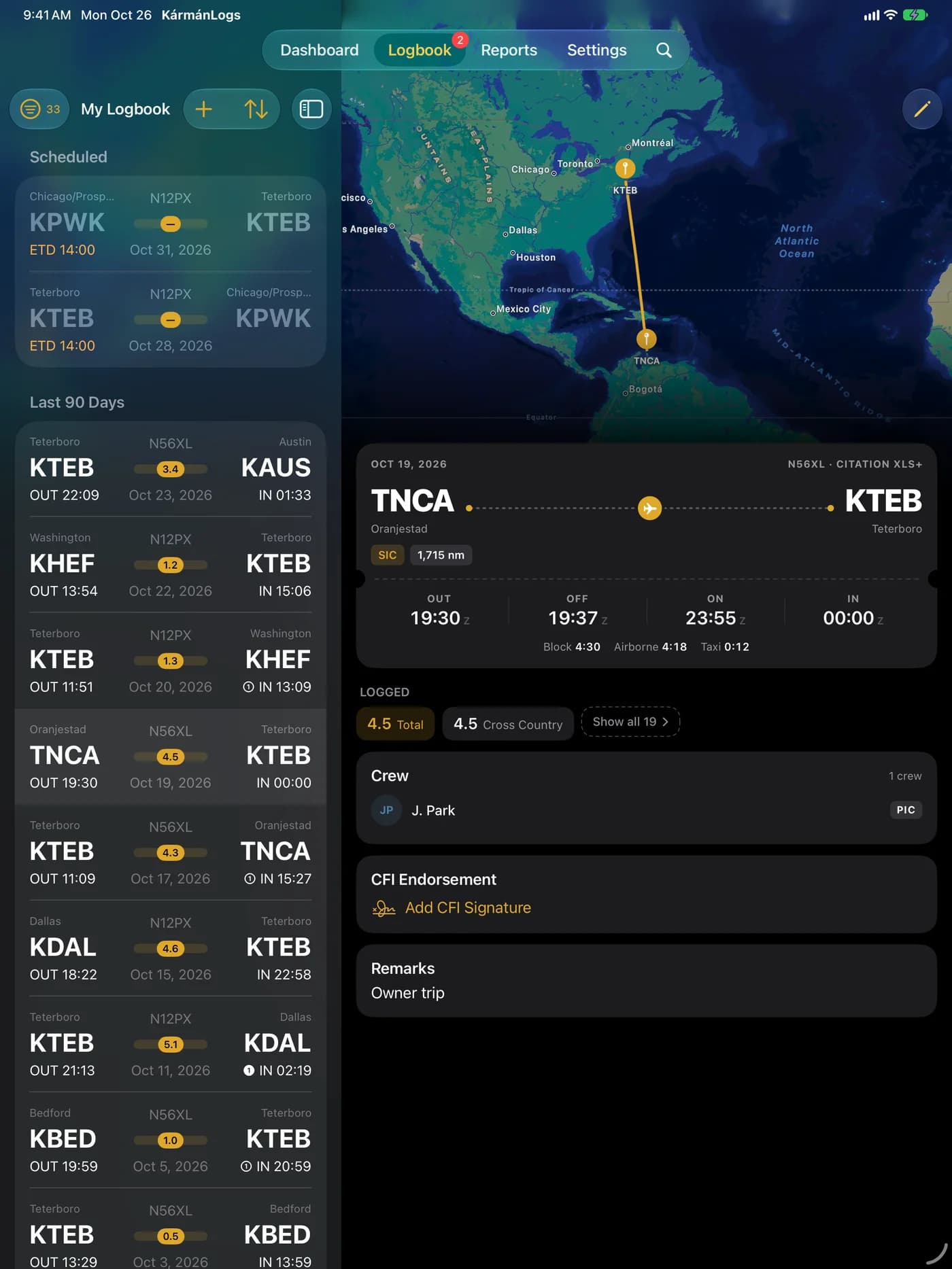 KármánLogs on iPad: the logbook beside a flight from Aruba to Teterboro with its route on the map