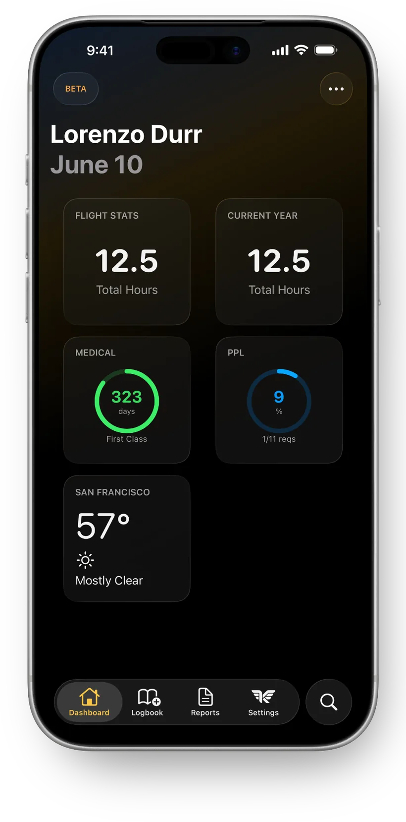 The KármánLogs dashboard on iPhone: flight stats, medical and rating progress rings, and local weather at a glance