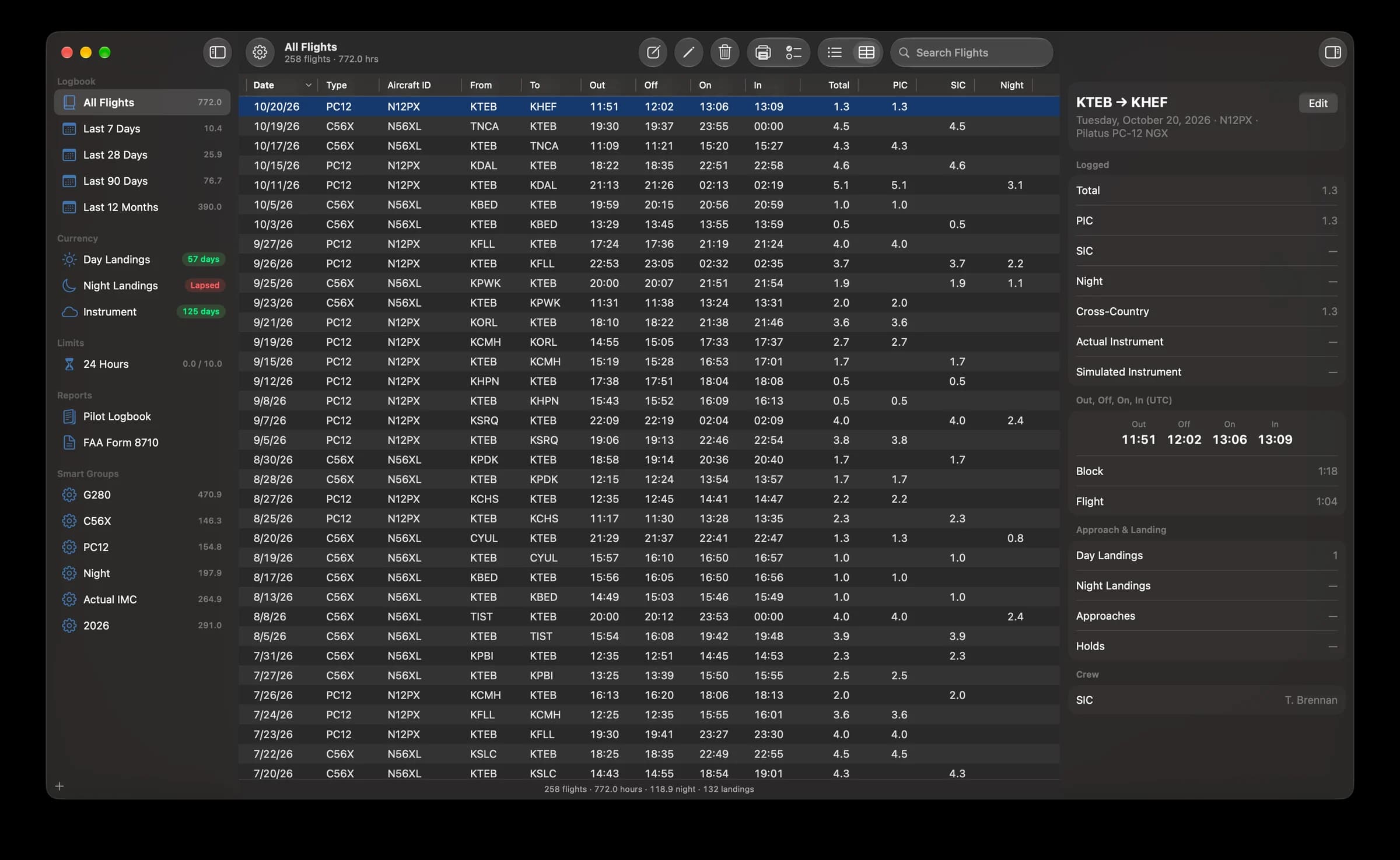 KármánLogs for Mac: every flight in a sortable table, with currency, limits and reports in the sidebar and the selected flight in the inspector