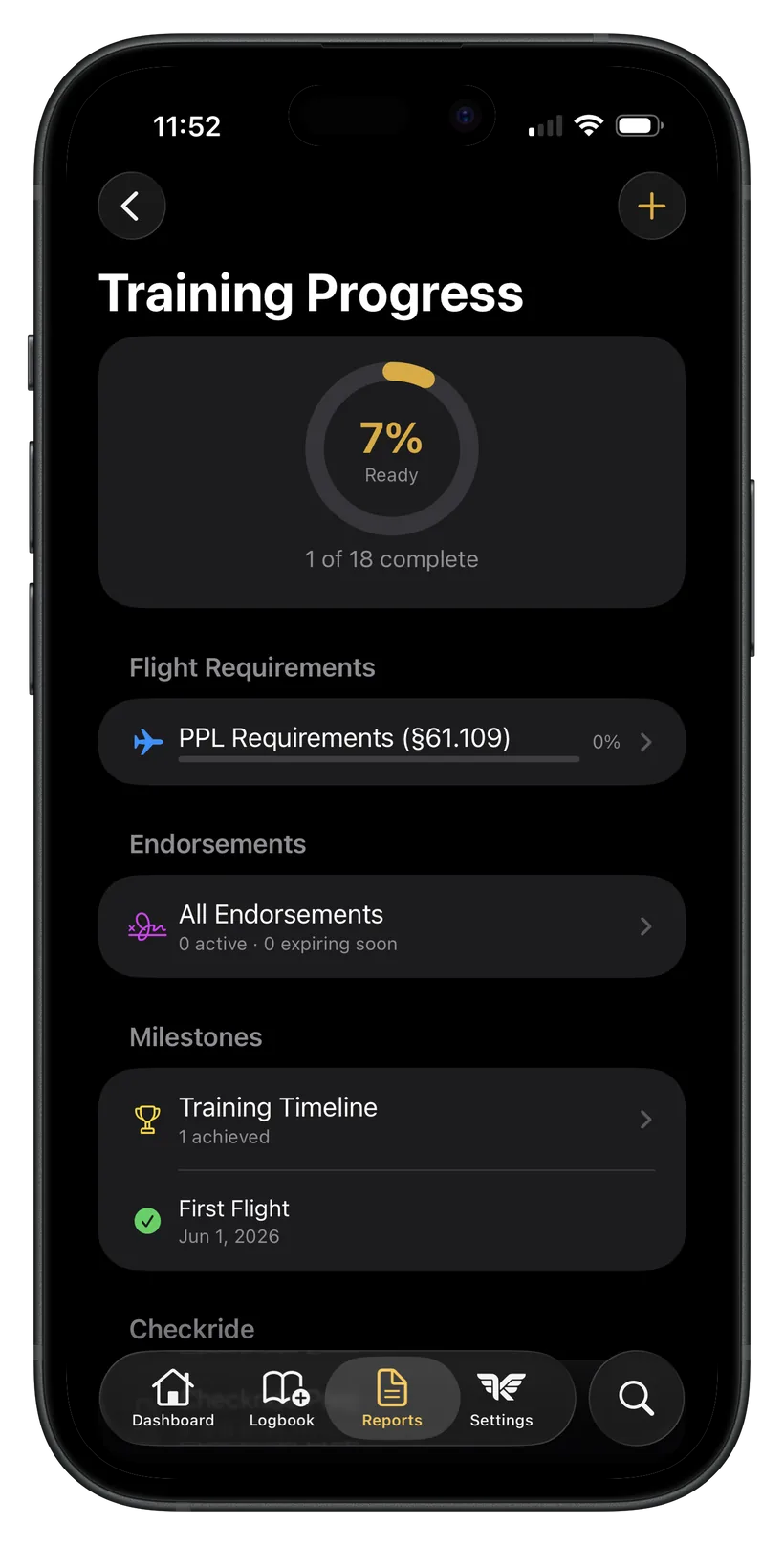KármánLogs rating-progress screen on iPhone, tracking a student pilot's hours toward the Private certificate