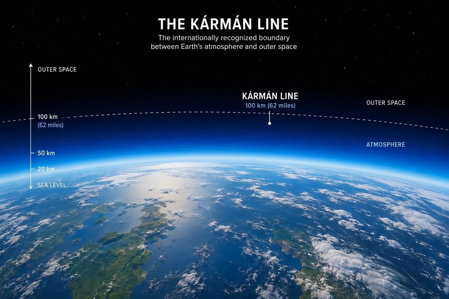 Infographic of the Kármán line at 100 kilometers (62 miles), the internationally recognized boundary between Earth's atmosphere and outer space, shown above the curve of the Earth with an altitude scale rising from sea level.