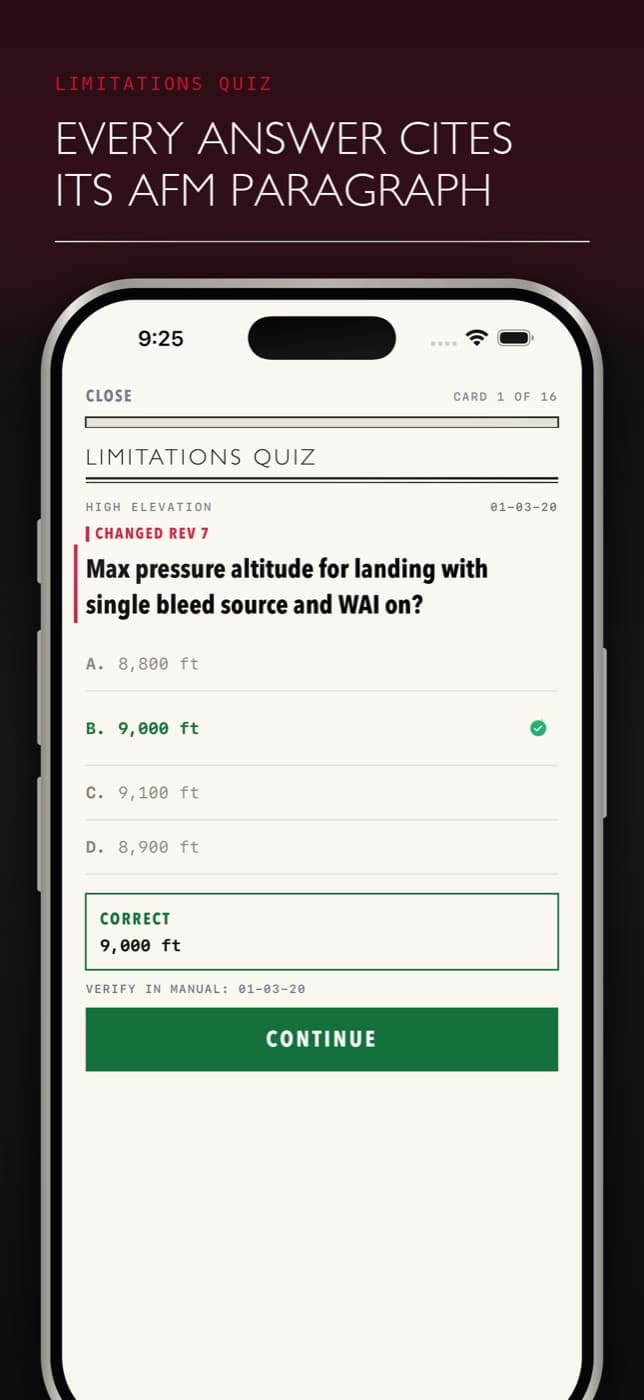 A limitations quiz card marked as changed in AFM Revision 7, citing its AFM paragraph