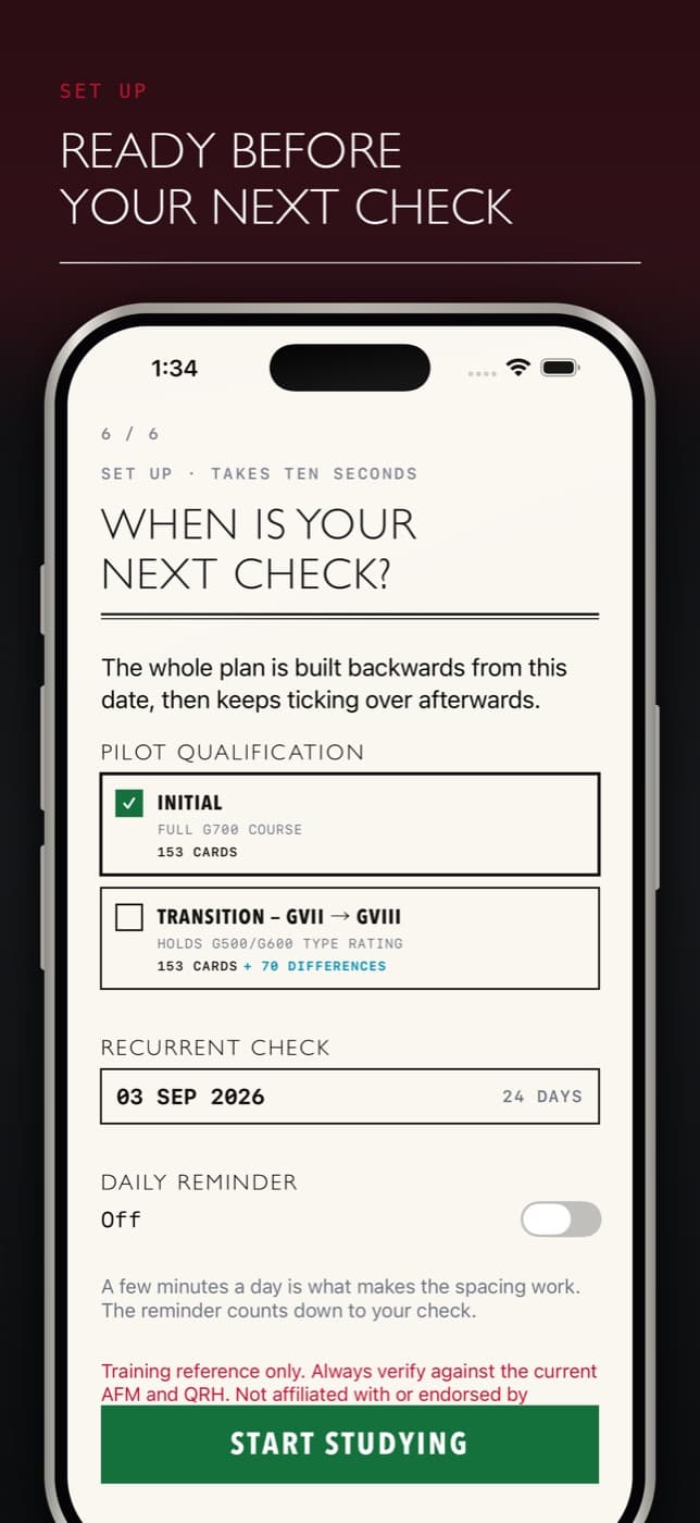 Setup screen choosing Initial or Transition and the date of the next check